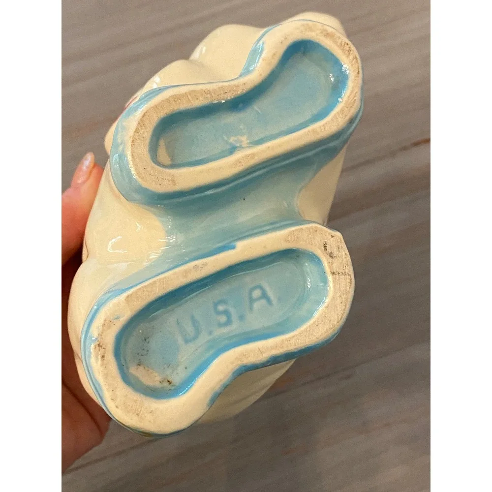 Vintage USA Ceramic Elephant Planter Cream Blue Red Mid Century Pottery Novelty